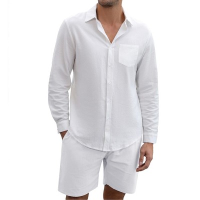 Men's Cotton Linen Sets 2 Piece Tracksuits Long Sleeve Casual Summer Beach Outfits Button Down Shirts and Shorts