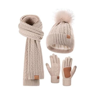 Fisfet Winter Beanie Hat Scarf Gloves Set for Women, Pom Pom Beanie Fleece Lined Knit Neck Warmer Touchscreen Gloves 3 in 1 Gift Set