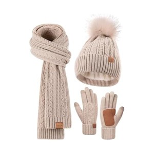 Fisfet Winter Beanie Hat Scarf Gloves Set for Women, Pom Pom Beanie Fleece Lined Knit Neck Warmer Touchscreen Gloves 3 in 1 Gift Set - 1 of 1