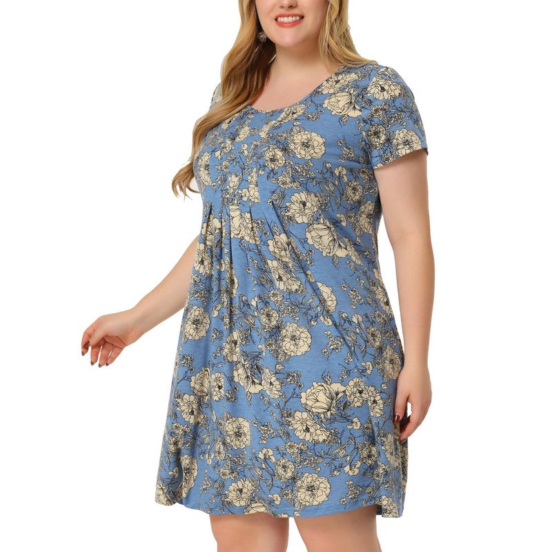 Agnes Orinda Women's Plus Size Relaxed Fit Floral Inverted Box Pleat Boho Shirt Dresses, 1 of 6