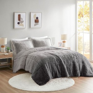 Sapphtopaz Bedding Comforter Sets Long Fur Ombre Pattern Design Reversible Quilt Set - 1 of 4
