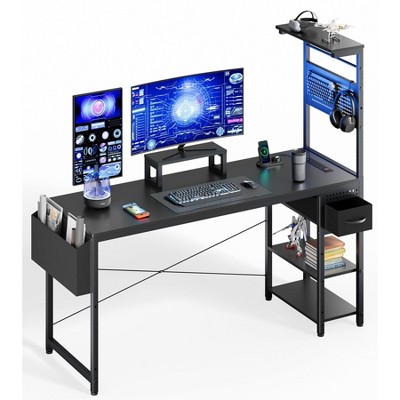 KOLIGEY Gaming Desk, Computer Desk with Adjustable Storage Rack & LED Lights, PC Gaming Desk with Mini DIY Pegboard