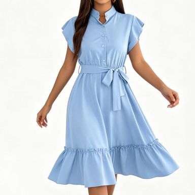 Women Stand Collar Ruffle Cap Sleeve Midi Shirt Dress, Button Front Self Tie Waist Ruffle Hem Flowy Commuter Casual Knee Length Dress Light blue XL : Target