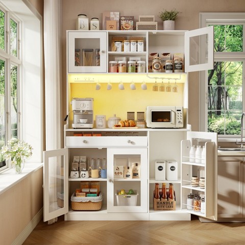 Qwatto 71" Kitchen Pantry Cabinet with Charging Station and LED Lights Tall Freestanding Kitchen Hutch with storage Rack Microwave Stand White Cabinet
