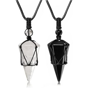 6-Facet Healing Crystal Necklace, Adjustable Natural Gemstone Pendant for Men & Women Black Rope - Clear Quartz+Black Obsidian - 1 of 4