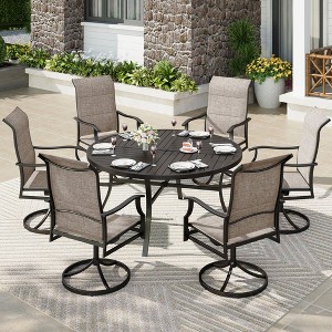 Captiva Designs 7pc Patio Black Slatted Round Steel Table with Umbrella Hole & Grayish Brown Textilene Chairs - 1 of 4