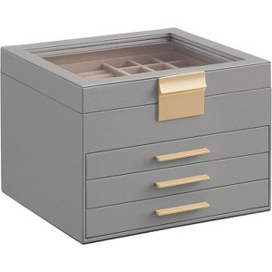 Glass Lid Jewelry Box 3 Layers 2 Drawers Modern White and Gold Finish Storage Organizer Display Case - 1 of 4