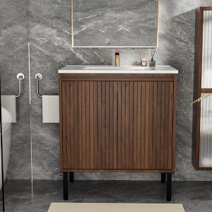 KWPZQEB Fluted Bathroom Vanity Cabinet with Sink, Freestanding Vanity With Doors, Mid-Century Floor-Standing Cabinet, Storage Cupboard for Bathroom - 1 of 4