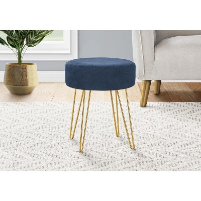 Contemporary Blue Tufted Round Pouf with Gold Metal Legs