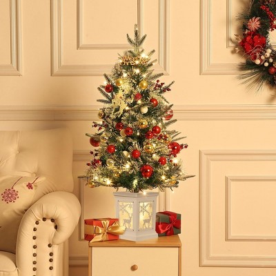 3FT Pre-Lit Artificial Christmas Tree Tabletop with 78 Warm White Lights, Flocked Potted Christmas Tree, Battery Operated, for Front Door, Porch