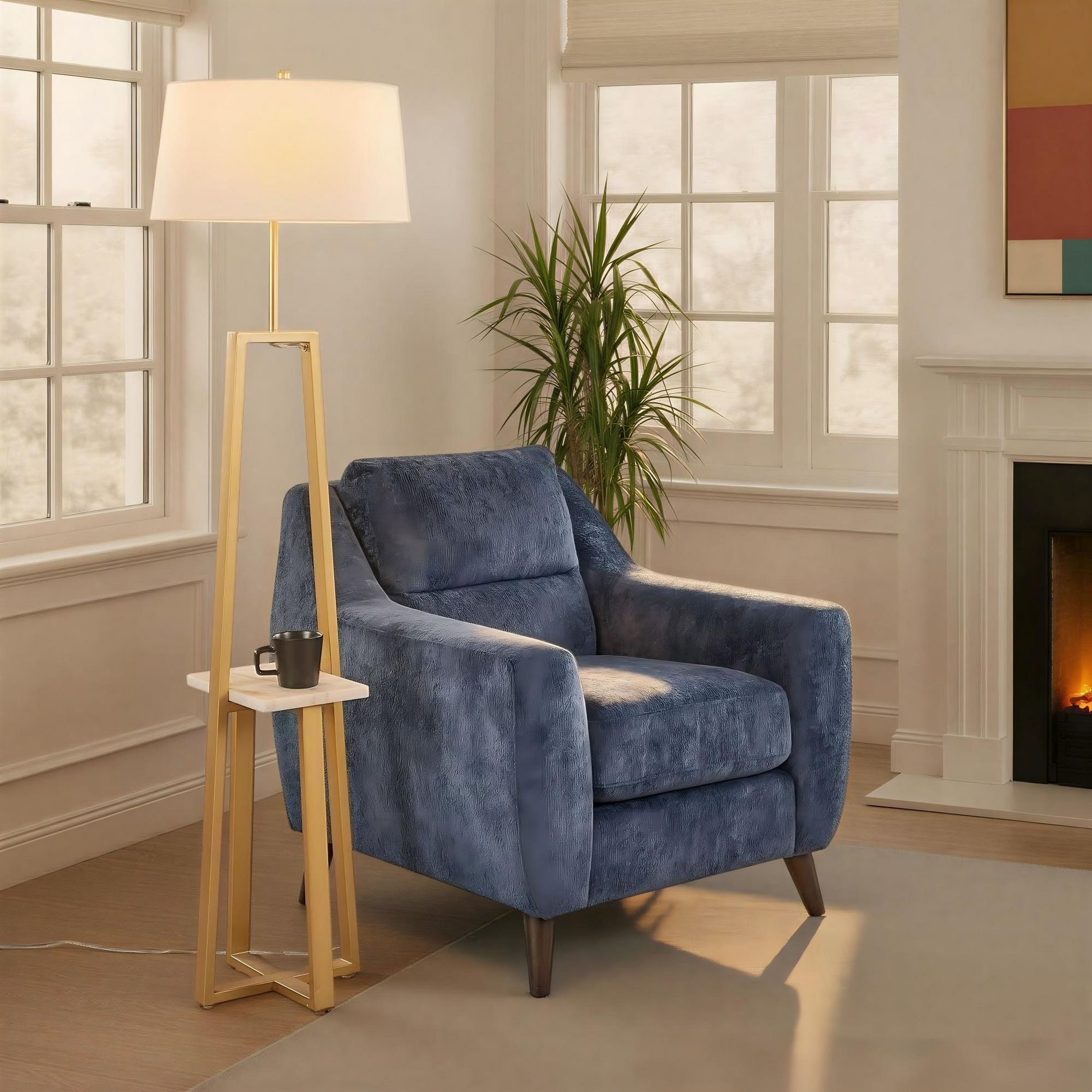 68 inch Contemporary Glam Floor Lamp with Gold Frame and Built-in Marble Shelf with White Linen Shade