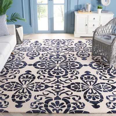 Ivory and Navy Hand-Tufted Wool Floral Area Rug