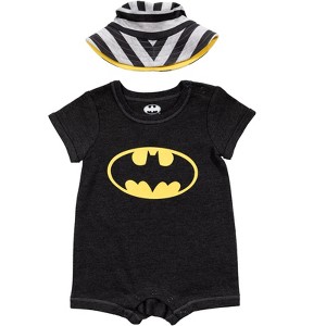 DC Comics Justice League Batman Short Sleeve Romper & Sunhat Dark Gray  - 1 of 4