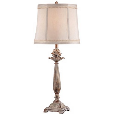 Regency Hill Shabby Chic Table Lamp Antique White Washed Petite Artichoke Beige Fabric Bell Shade for Living Room Family Bedroom