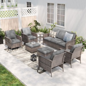 Sonkuki 8 Pieces Patio Sofa with Swivel Rocking Chairs Set, All-Weather PE Rattan Conversation Couch with Cushion - 1 of 4