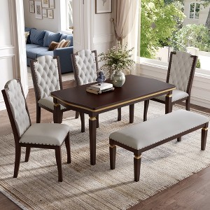 6-piece Dining Table Set Dining Set with 4 Upholstered High-Back Tufted Chairs and 1 Bench for Dining Room, Kitchen and Living Room, Black/Espresso-Mo - 1 of 4