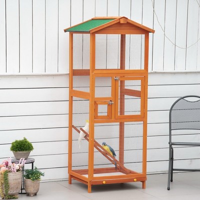 Akoasm 65 Inch Wooden Parakeets Parrot Bird Cage & Bird House With Pull Out Tray And 2 Doors-Orange