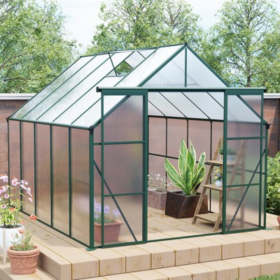VYNXARIA 8*10FT Double Door Polycarbonate Greenhouse Raised Base and Anchor Aluminum Heavy Duty Walk-in Greenhouses in All Season,Green