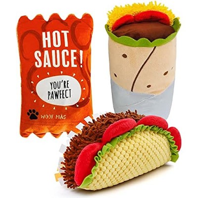 Prime Pets Plush Dog Toys Set, 3 Pack, Crinkle Squeaky Dog Toys, Food Shaped Pet Toy for Small Medium Large Dogs, Stuffed Puppy Chew Toy