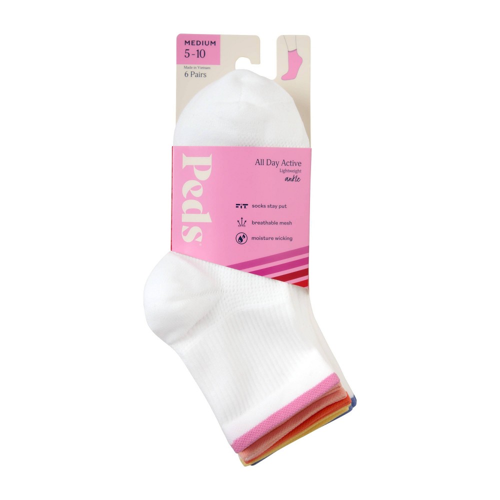 Peds Women's All Day Active Nylon Quarter with Tipping Socks 6pk - White 9-11