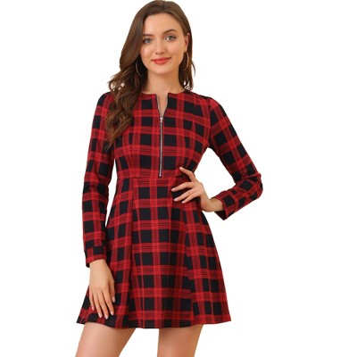 Allegra K Women's Vintage Plaid Houndstooth Long Sleeve Office Zip Front Flare Mini Dress