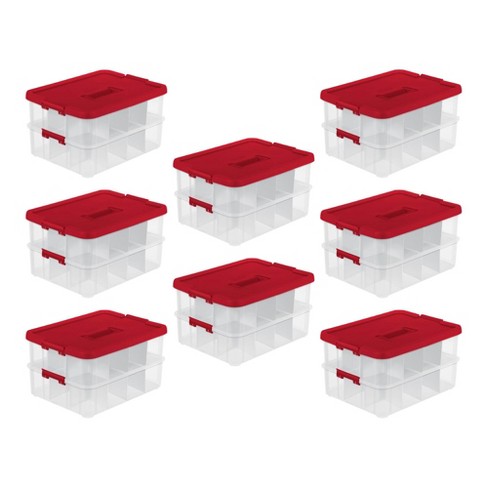Sterilite 1427 Stack & Carry 2 Layer 24 Ornament Storage Box, Red Lid and  Handle, See