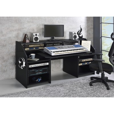 NicBex Home Office Desk 26" L Morden Music Desk with Storage Shelves, Keyboard Tray, Hooks and Wooden Desktop for Study and Work