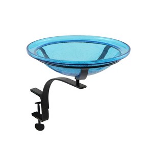 13.7" Diameter Reflective Crackle Glass Birdbath Bowl with Rail Mount Bracket Teal Blue - Achla Designs: Weather-Resistant, No Drill Installation - 1 of 3