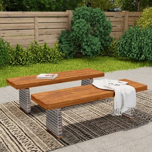 Christopher Knight Home Tori Outdoor Acacia Wood and Rattan Bench with Slatted Seat - 1 of 4
