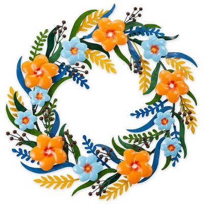 Wind & Weather Handcrafted Metal Floral Wreath with Peach and Blue Blossoms