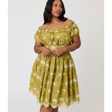 Unique Vintage Plus Size Chartreuse Eyelet Off The Shoulder Ruffle Swing Dress