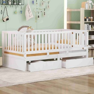 CAVINAS Twin Size Wood Montessori Bed with 2 Drawers and Safety Guardrails,Modern Floor Bed Can Split Into 2 Beds,Toddler Bed for Bedroom - 1 of 4