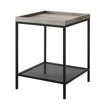 Rosalyn Urban Industrial Glam Square Tray Side Table with Metal Mesh Shelf Gray Wash - Saracina Home