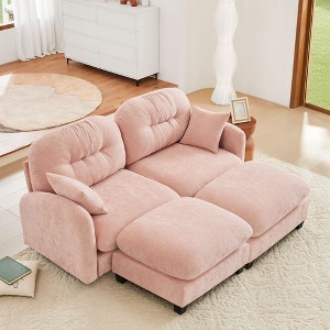 2 Seaters Beige Chenille Fabric Cloud Sectional Couches with Soft Throw Pillows and Two Ottomans for Bedrooms - 1 of 4