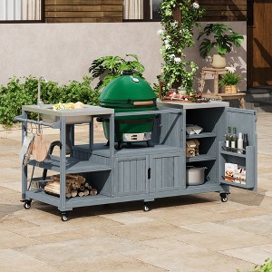 Bella Depot 75.4" Outdoor Kitchen Island with Sink, Solid Wood Outdoor Grill Cart for Big Green Egg Grills, Rolling Outdoor Bar Cart - 1 of 4