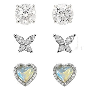 Women's Modern 3-Pair Stud Earrings Set, Silver Copper with Round, Butterfly, Heart Designs - 1 of 4