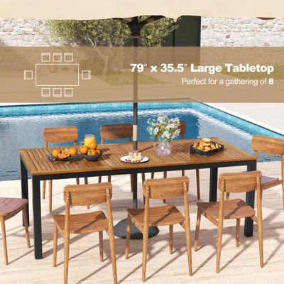 79" Natural Acacia Wood and Black Metal Outdoor Dining Table with Umbrella Hole