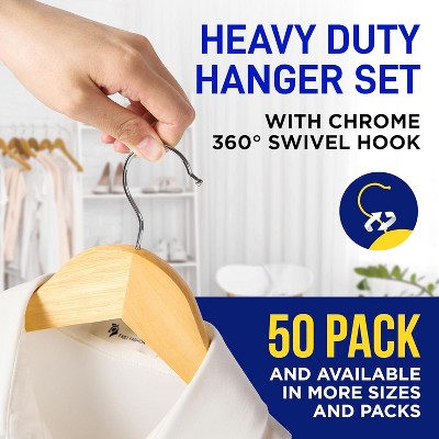 Lifemaster Natural Maple Wooden Suit Hangers with Swivel Hook, 50 Pack