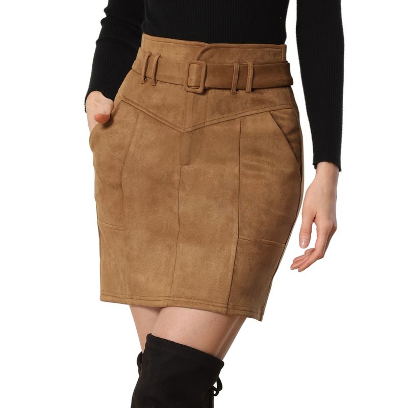 Allegra K Women's Faux Suede High Waist Belted A-Line Mini Skirts, 1 of 6
