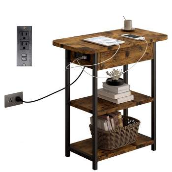 Rustic Brown End Table Set with Built-In Charging Station, Sofa/Couch Table with USB Ports and Outlets, Flip Top Nightstand