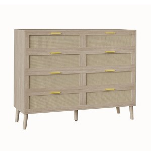 8 Drawer Rattan Dresser,Wooden Chest of Drawers with 5 Solid Wood Legs,Mid Century Modern Dresser for Closet with Handles for Bedroom, Living Room - 1 of 4