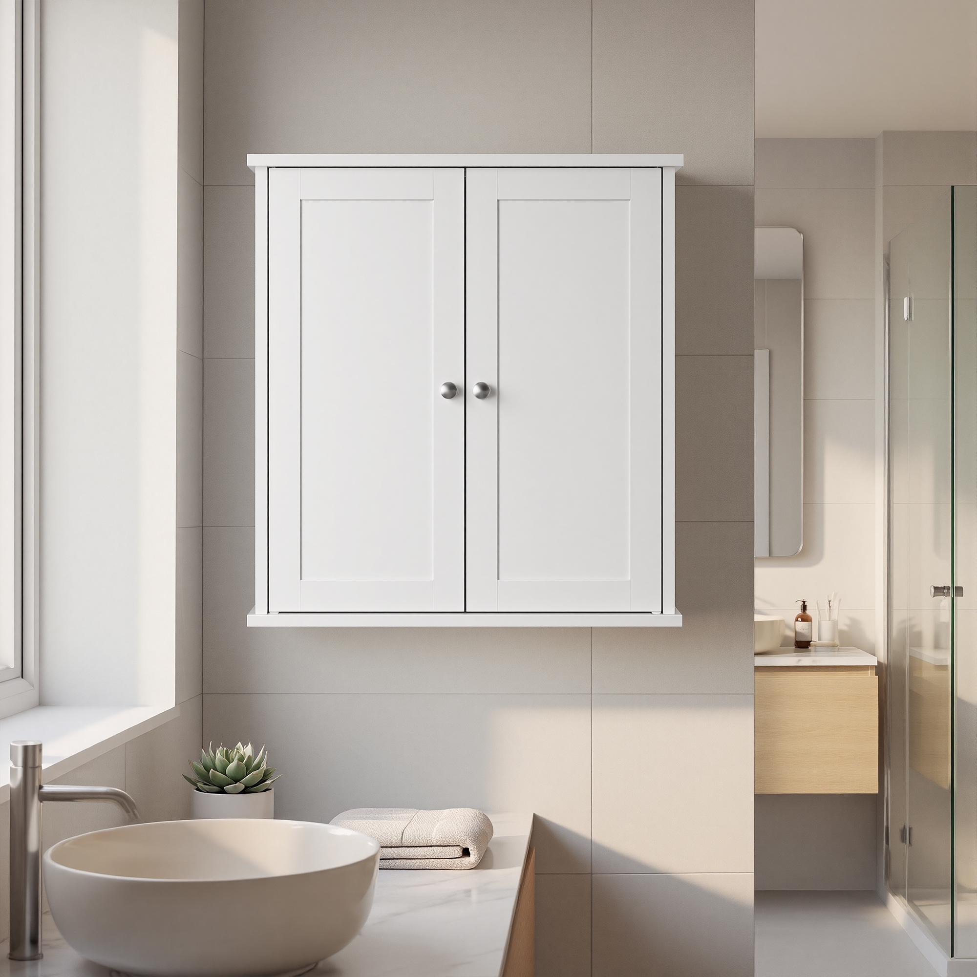 LEDREM Wall Cabinet with 2 Adjustable Shelves and Doors, Medicine Storage Organizer, for Bathroom, White