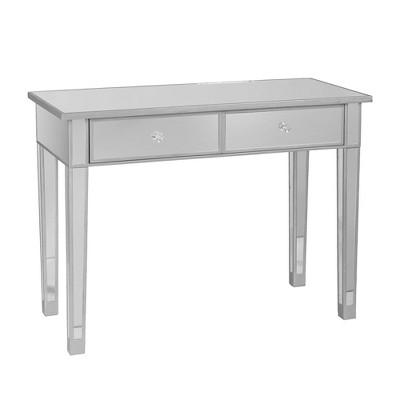 SEI Furniture Mirage Mirrored Vanity Desk 2 Drawer Media Console Sofa Table with Faux Crystal Knobs for Hallway, Living Room, and Entryway, Silver