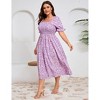 Womens Puff Sleeve Summer Floral Dress Plus Size Smocked Ruffle Square Neck Casual Dress Cute Midi Dress Purple2 Flower 3XL - 2 of 4
