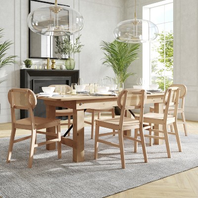 Natural Cane Rattan and Wood Dining Side Chairs, Set of 2