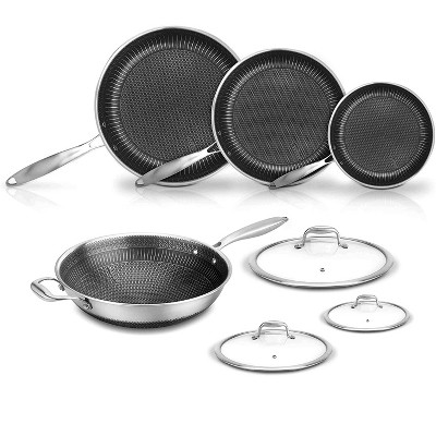 NutriChef NC3PLY7S 7 Piece Nonstick Stain-Resistant Stainless Steel Kitchen Cookware Pan and Wok Set with Tempered Glass Lids, Black