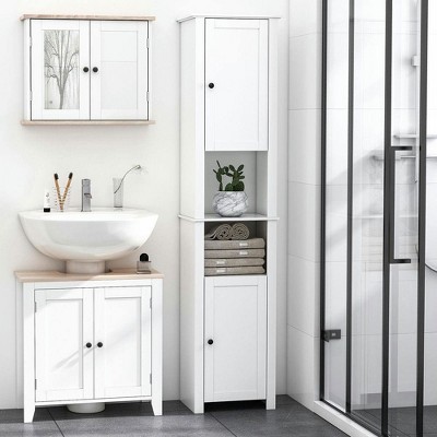 Resenkos Tall Bathroom Storage Cabinet, Freestanding Linen Tower with 2-Tier Shelf and 2 Cabinets, White
