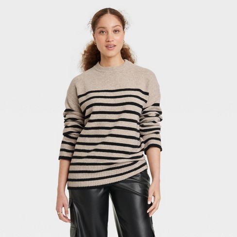 Women's Crewneck Tunic Pullover Sweater - A New Day™ Cream/Black Striped S