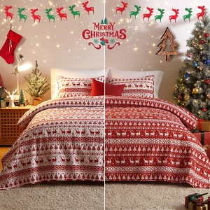 Boho Christmas Quilt Set (3 Pieces) - Reversible Coverlet Bedspread, Lightweight Bohemian Bedding with Tree/Reindeer/Snowflakes, Festive Bedding - 1 of 4