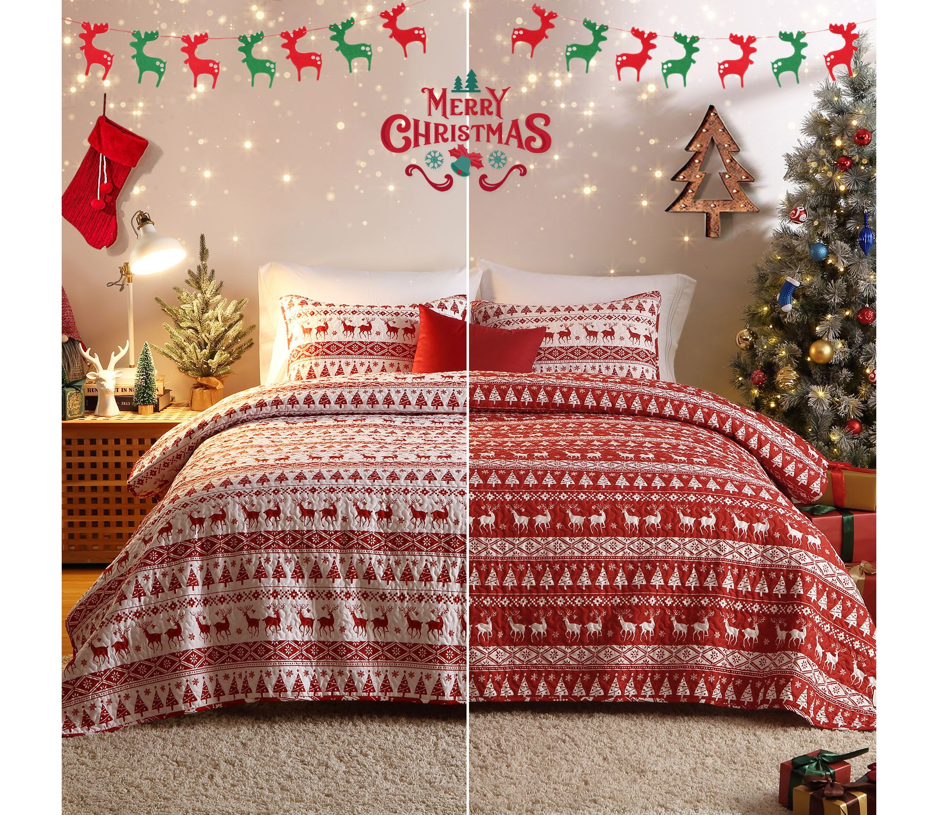 Boho Christmas Quilt Set (3 Pieces) - Reversible Coverlet Bedspread, Lightweight Bohemian Bedding with Tree/Reindeer/Snowflakes, Festive Bedding